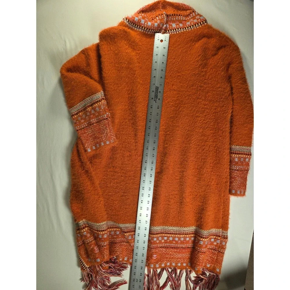 Fuzzy Boho Women's Open Front Long Cardigan Fringe Hem Orange Multi Size XL